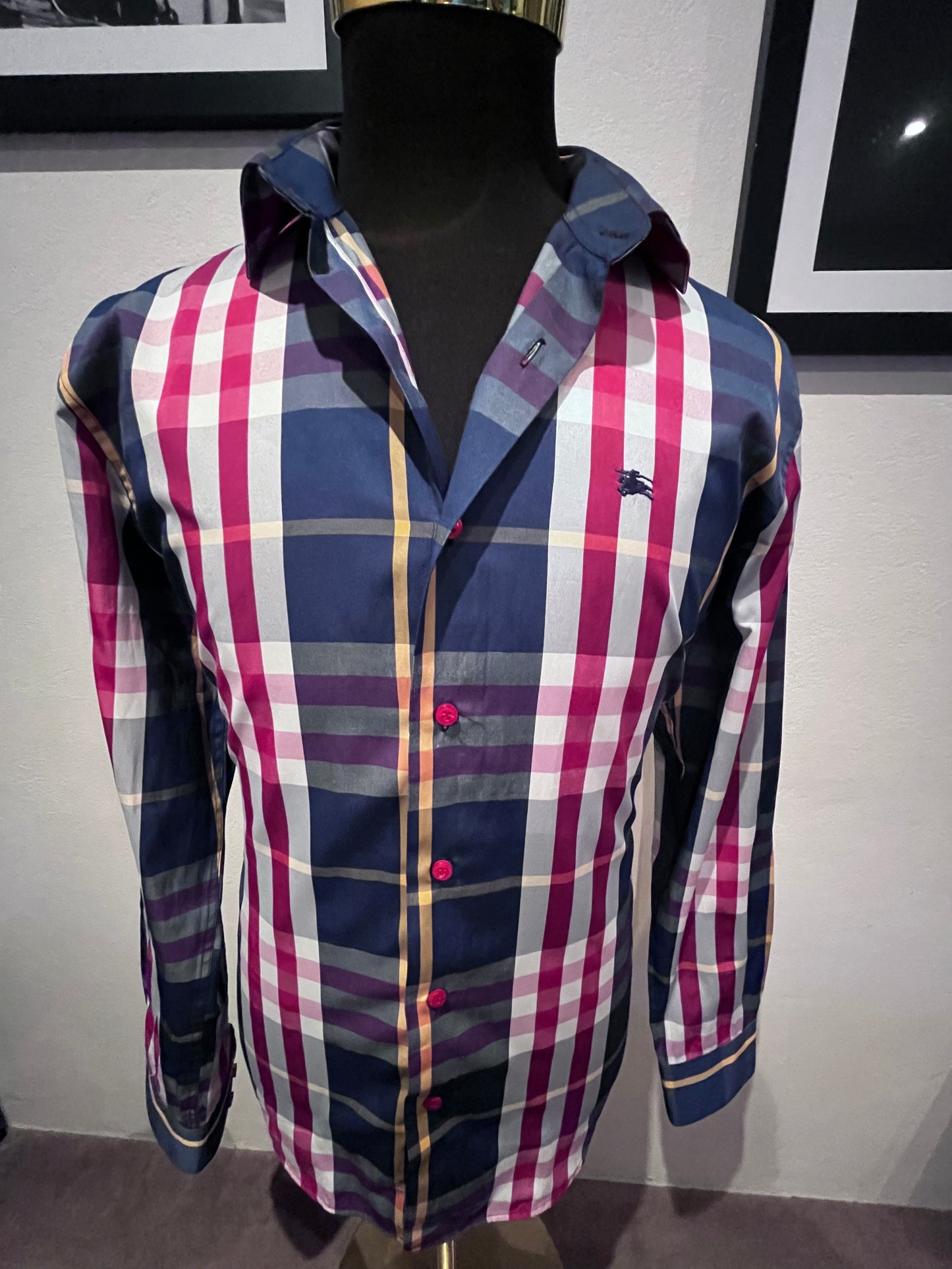 Burberry London 100% Cotton Red Blue Check Shirt Size XL Slim Fit Made in GB fits more like a Large