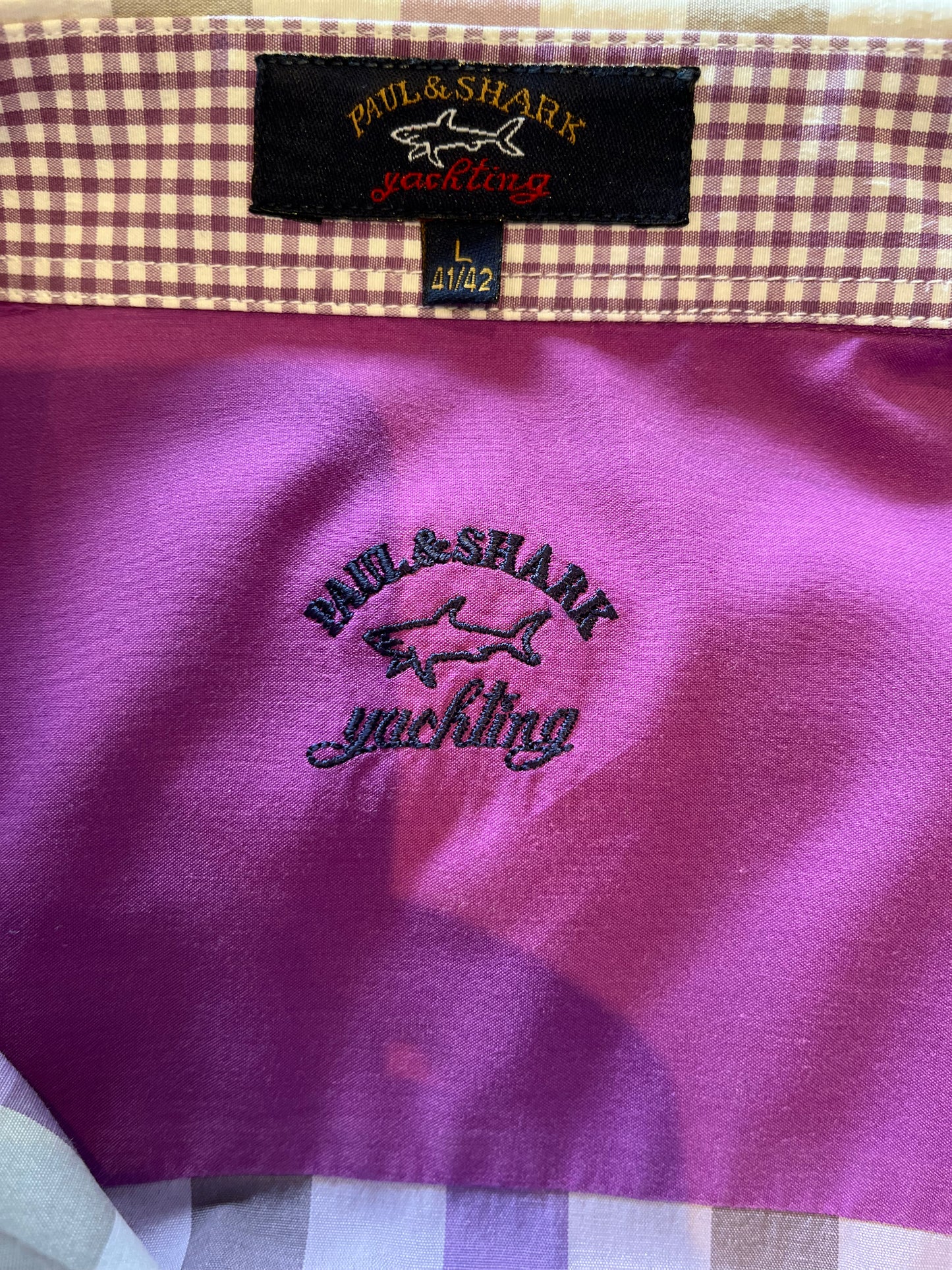 Paul & Shark 100% Cotton Purple White Check Shirt Size Large Made in Italy