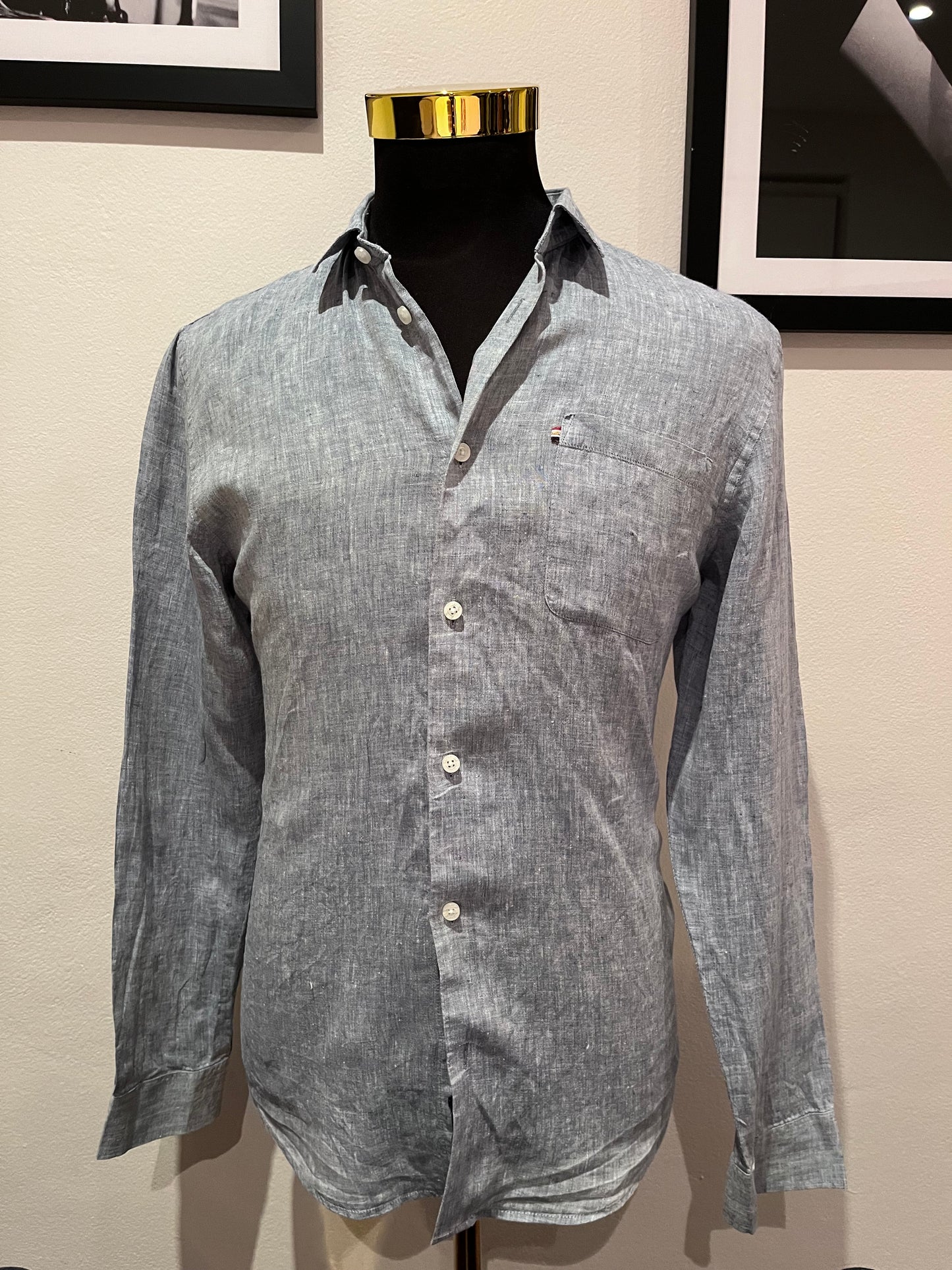 The Academy Brand 100% Linen Cotton Blue Shirt Size Medium Slim Fit