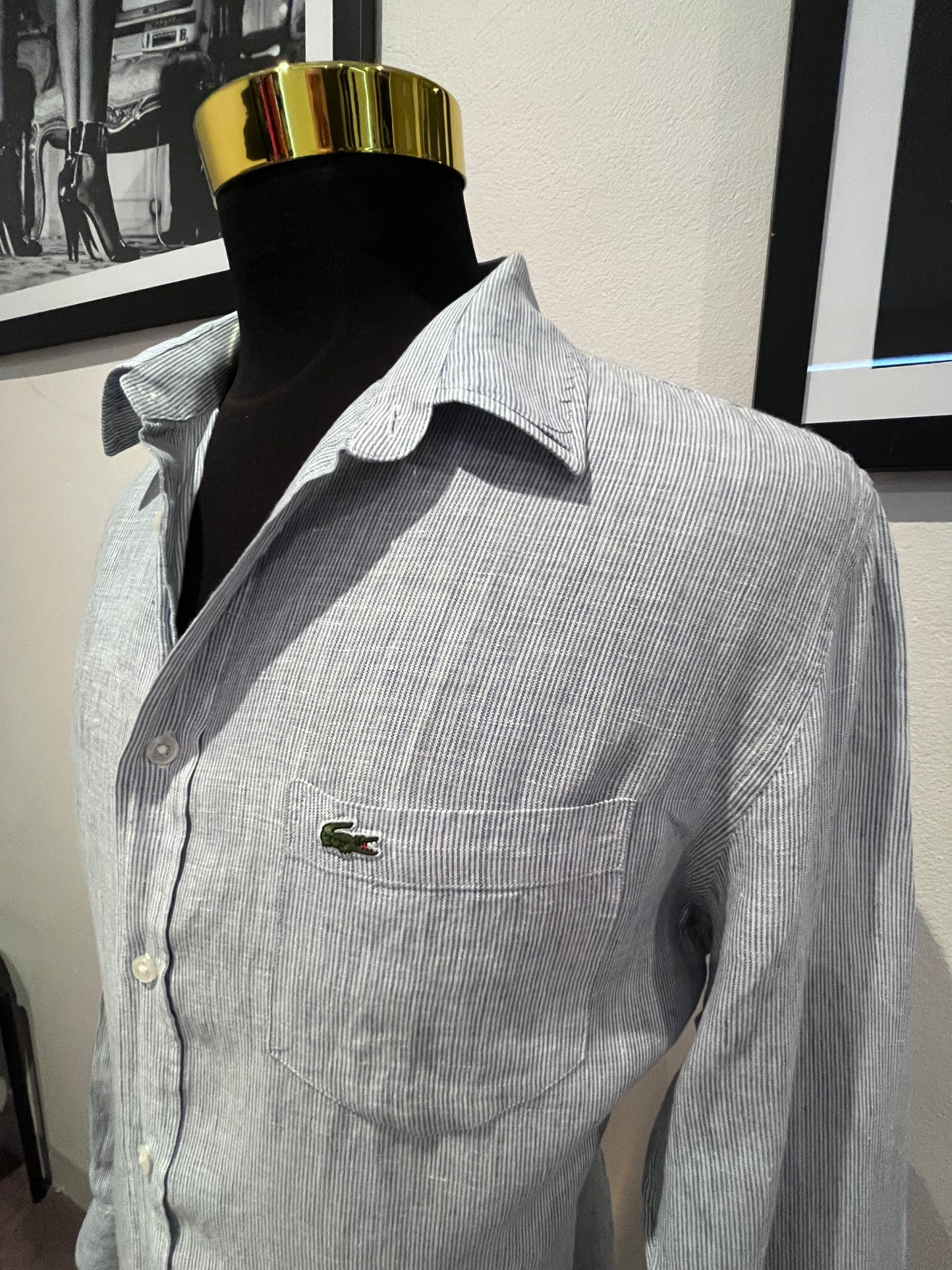Lacoste 100% Linen Cotton Blue White Pin Stripe Shirt Size Large Classic Fit