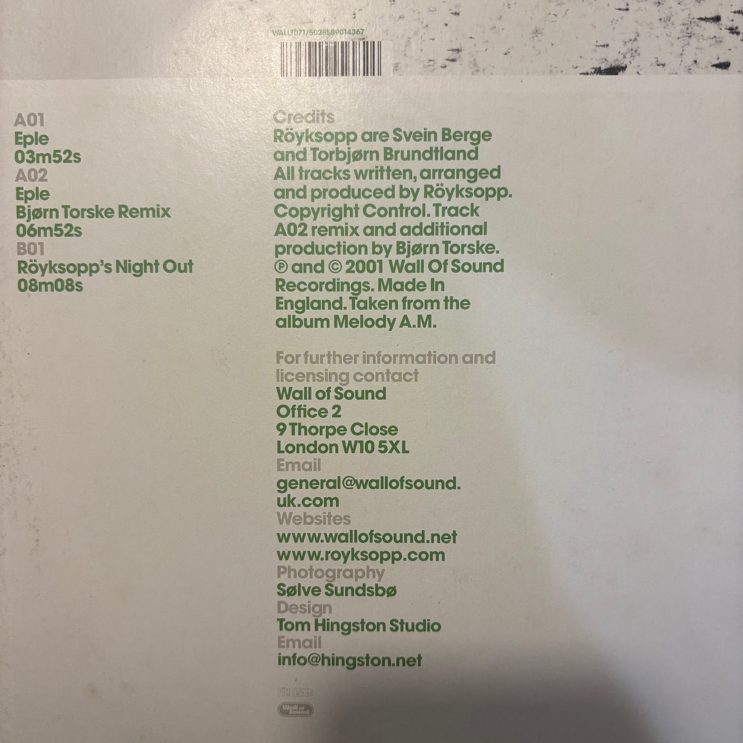 Royksopp “Eple” 3 Track 12inch Vinyl Record Wall Of Sound