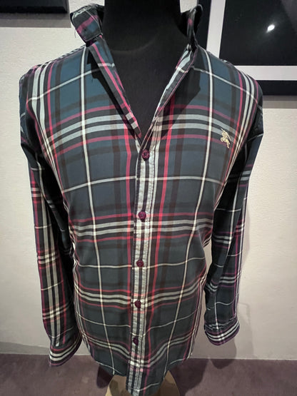 Burberry 100% Cotton Blue Pink Check Shirt Size XL fits More Like L Classic Fit