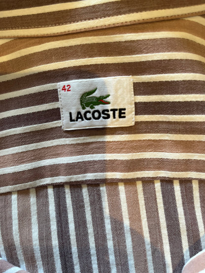 Lacoste 100% Cotton Brown White Stripe Shirt Size 42 Large Button Down Collar
