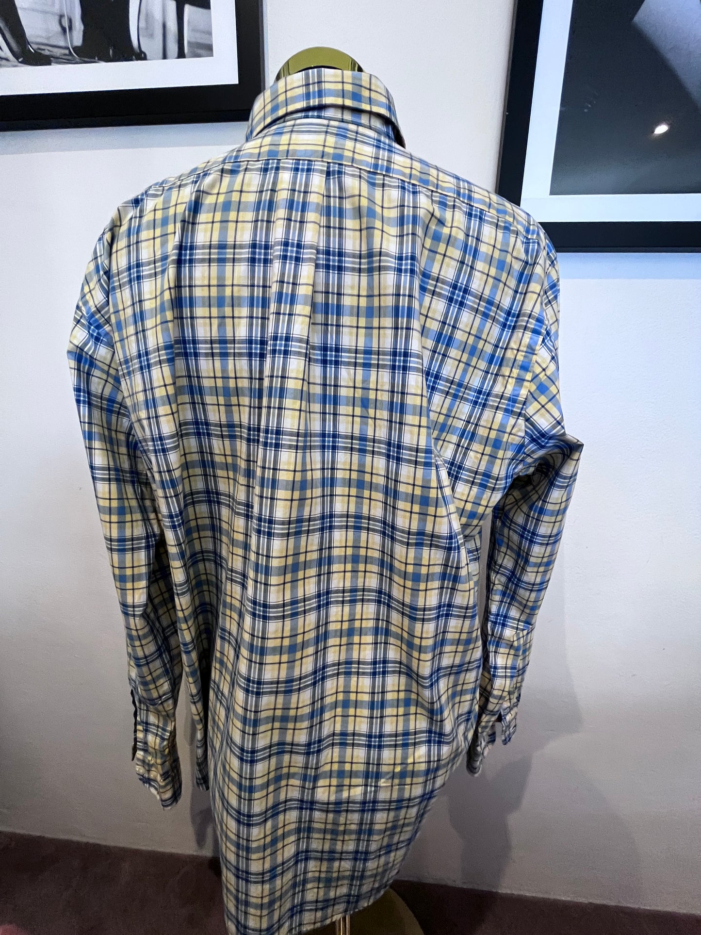 Ralph Lauren 100% Cotton Yellow Blue Check Shirt Size L Classic Fit Button Down Collar