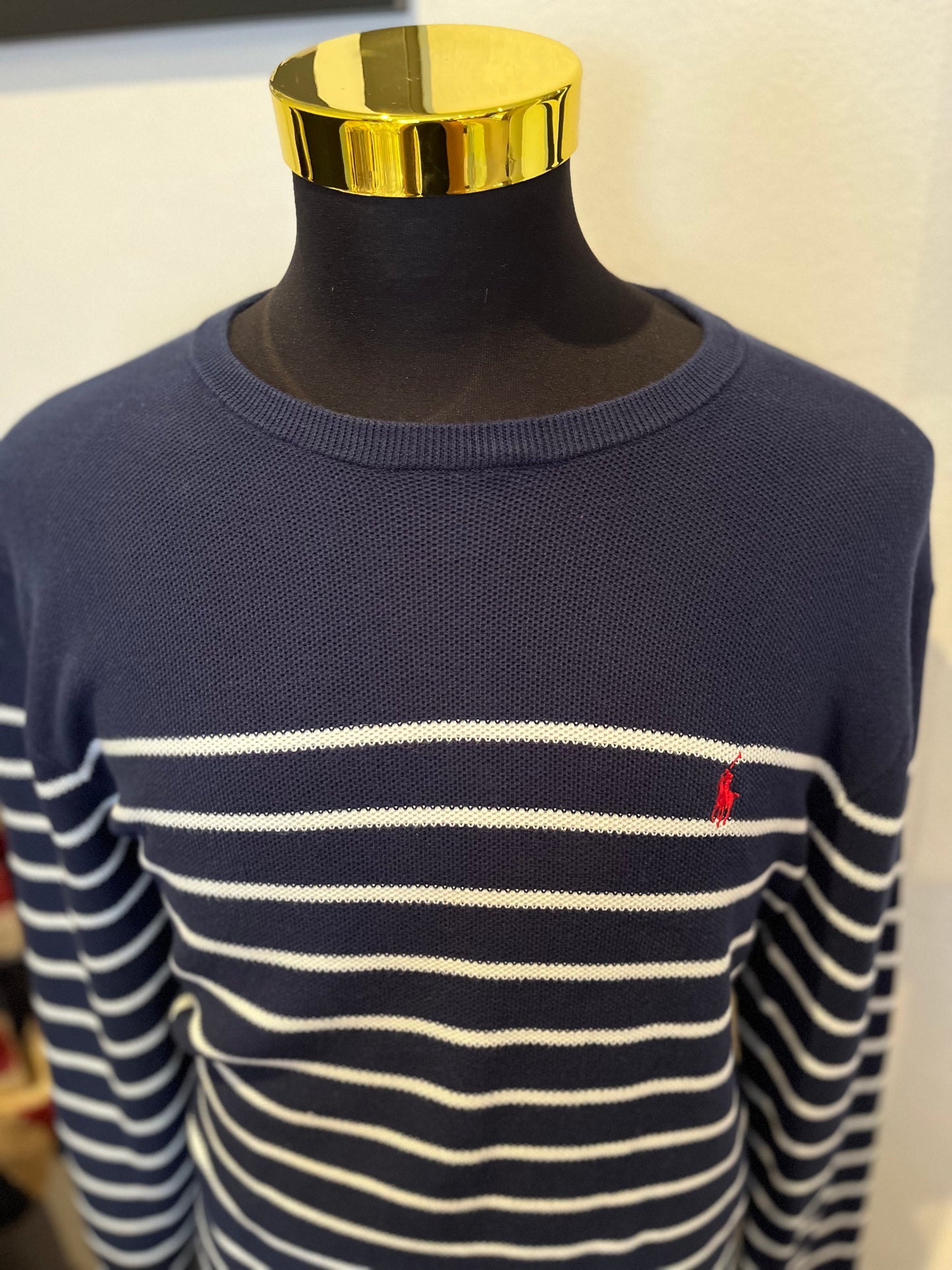Polo Ralph Lauren 100% Cotton Blue White Stripe Waffle Sweater Size XL