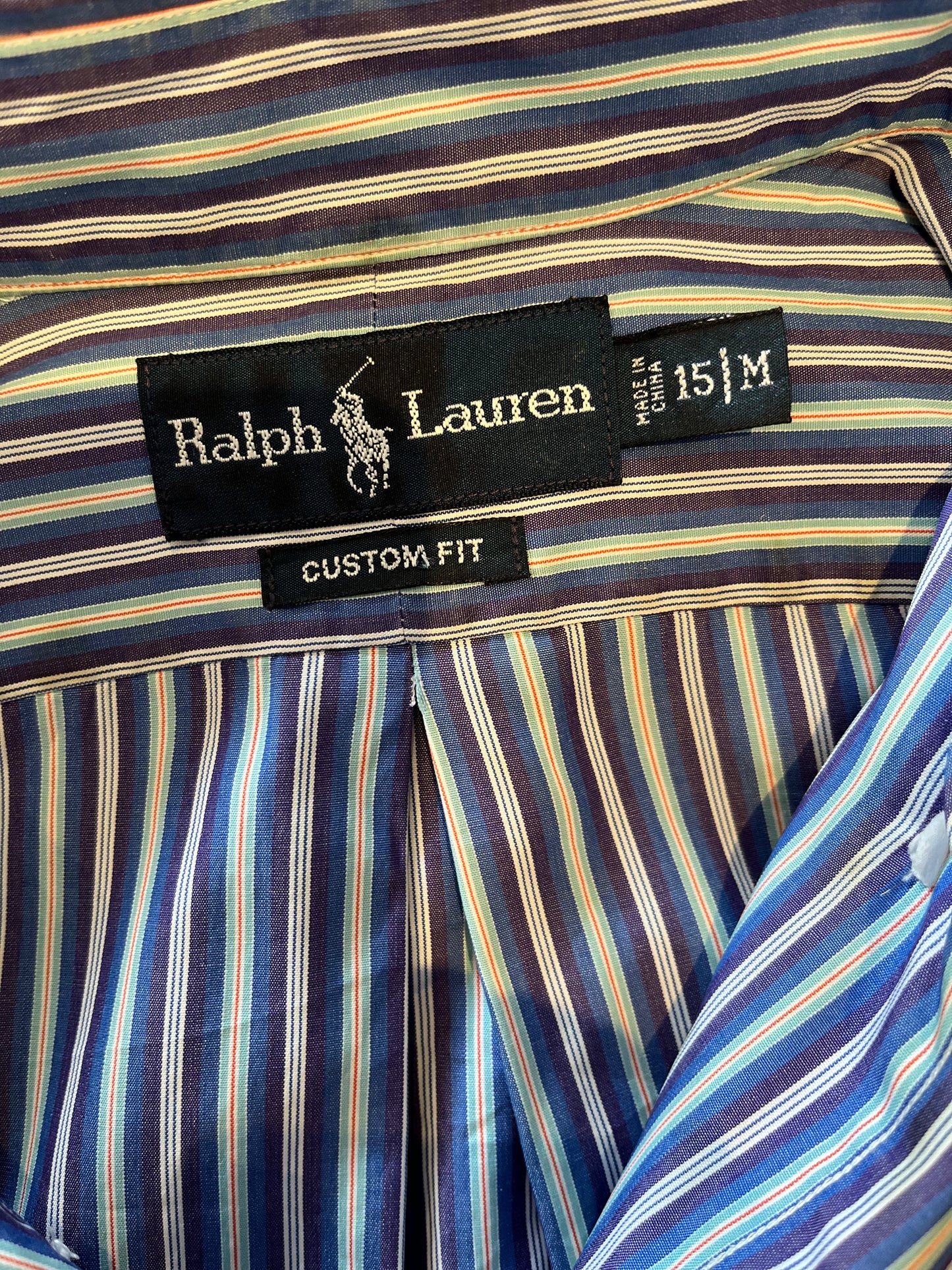 Ralph Lauren 100% Cotton Blue White Stripe Shirt Size M 15 Custom Fit