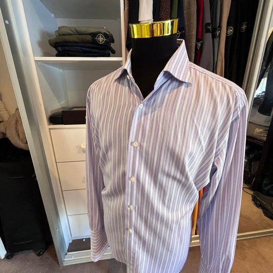 Ermenegildo Zegna 100% Cotton Blue Purple Stripe Business Shirt Size XL 46/18 Double Cuff Made in Switzerland