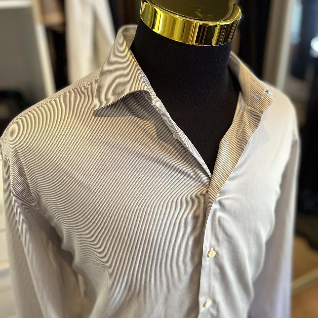 Armani, Armani Collezioni 100% Cotton Brown and White Stripe Business Shirt Size XL 45/18 with Double Cuff Made In Italy