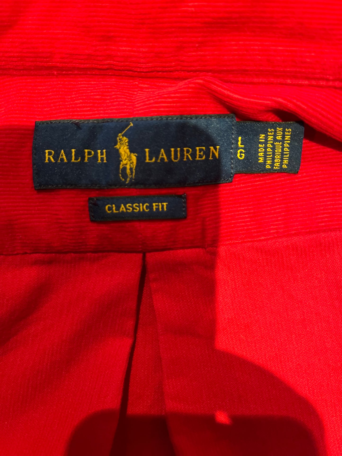 Ralph Lauren 100% Cotton Corduroy Red Shirt Size Large Classic Fit Button Down Collar