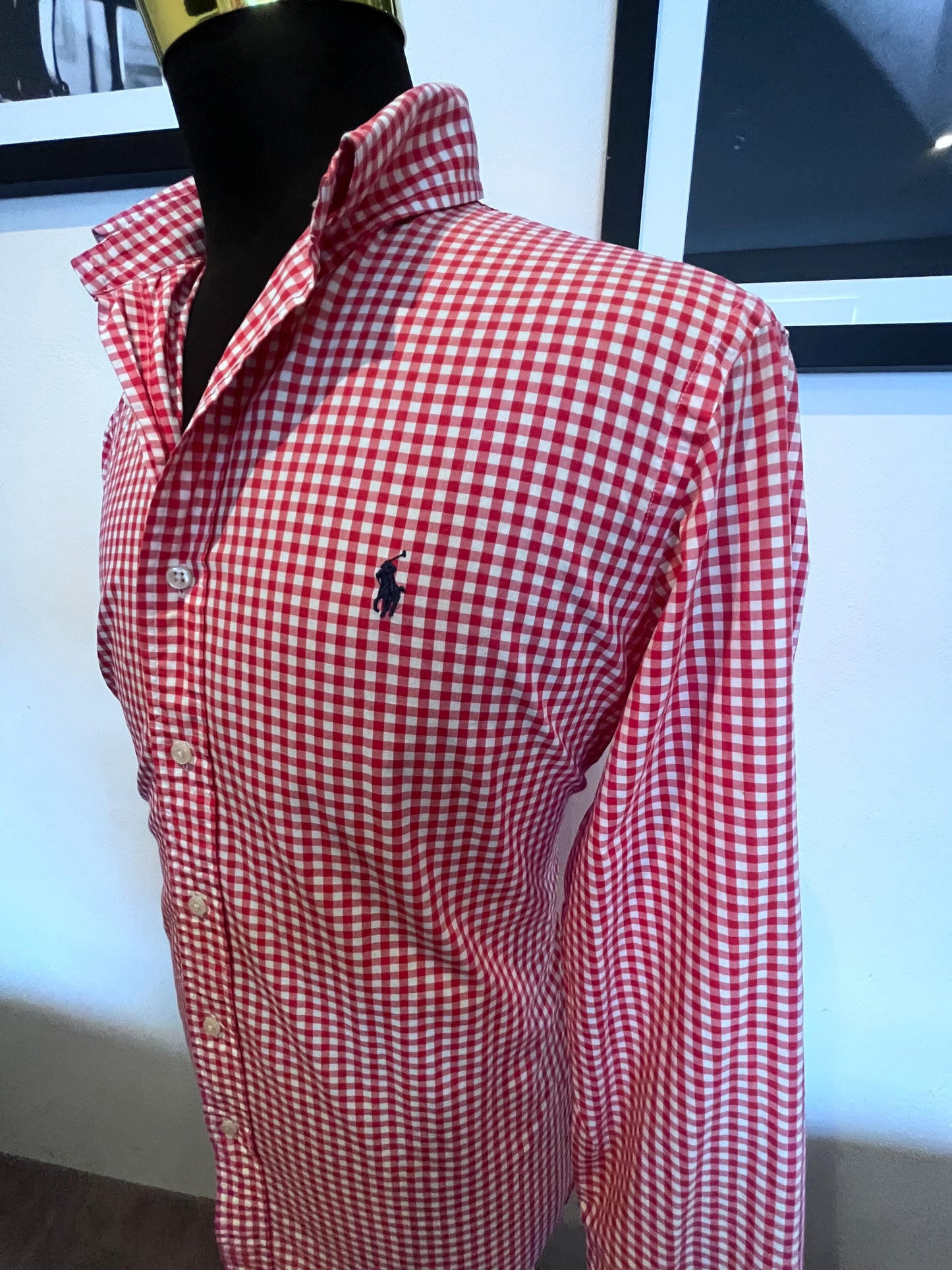 Ralph Lauren 100% Cotton Red Gingham Shirt Size L Classic Fit Button Down Collar