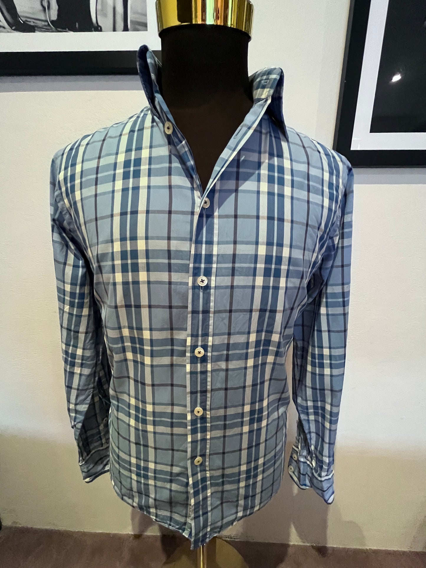 Herringbone 100% Cotton Blue Check Shirt Size Large Slim Fit