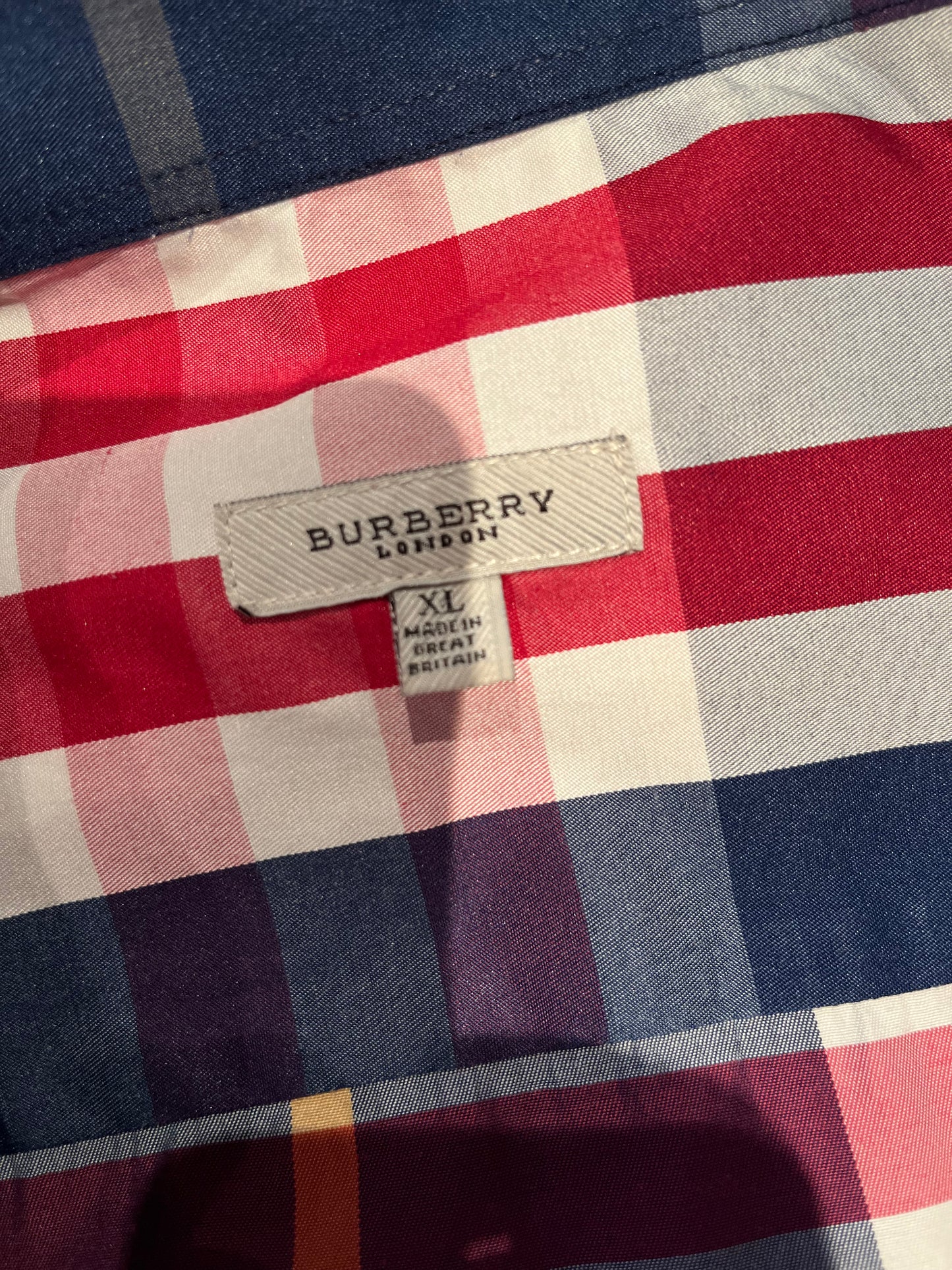 Burberry London 100% Cotton Red Blue Check Shirt Size XL Slim Fit Made in GB fits more like a Large