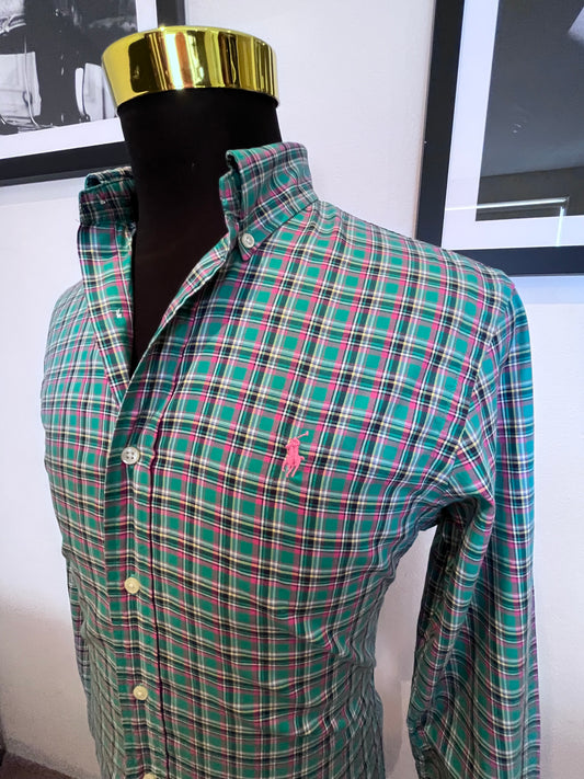 Ralph Lauren 100% Cotton Green / Pink Check Shirt Size S Classic Fit