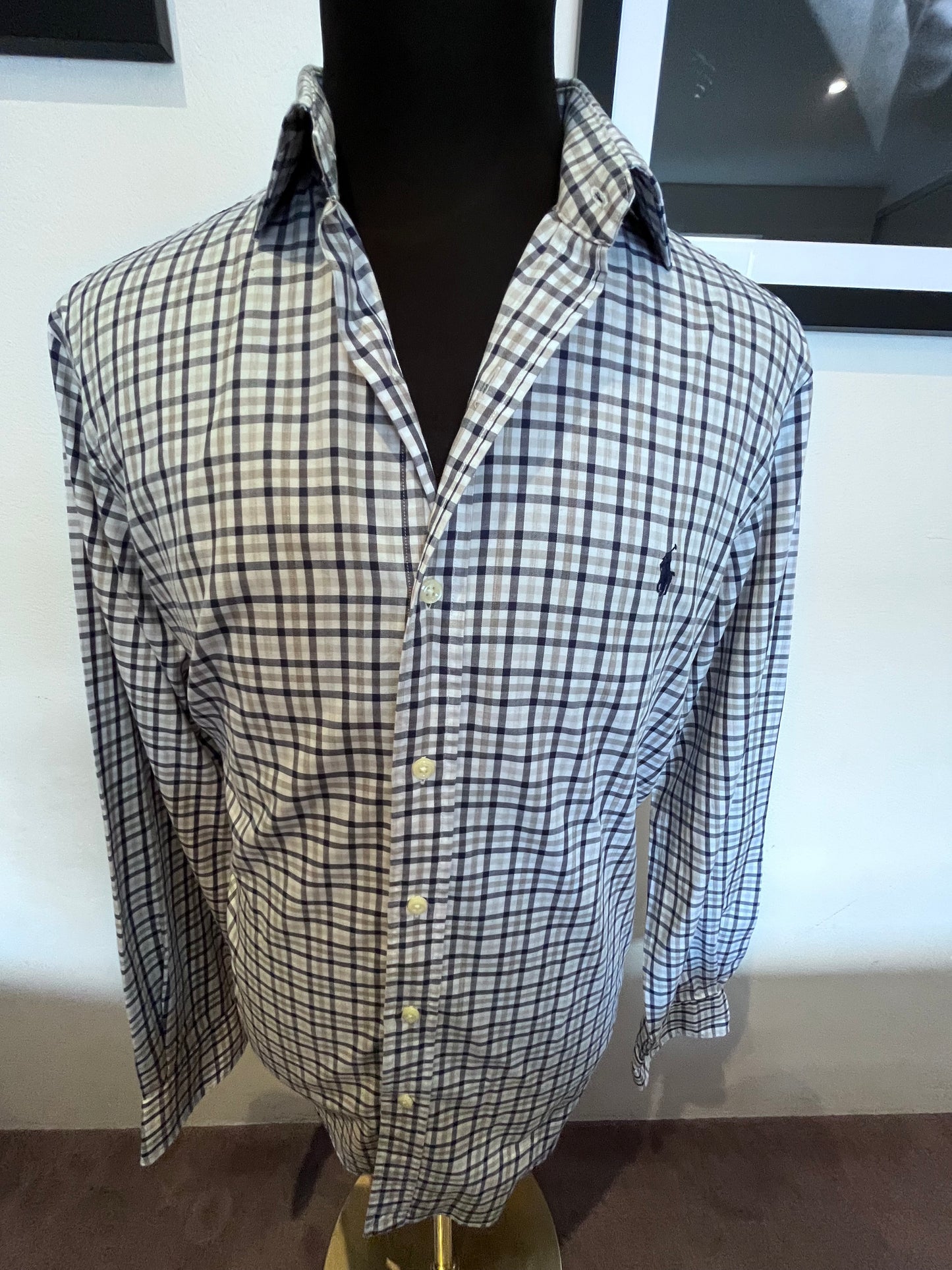 Ralph Lauren 100% Cotton White Blue Check Shirt Size Large Classic Fit Performance