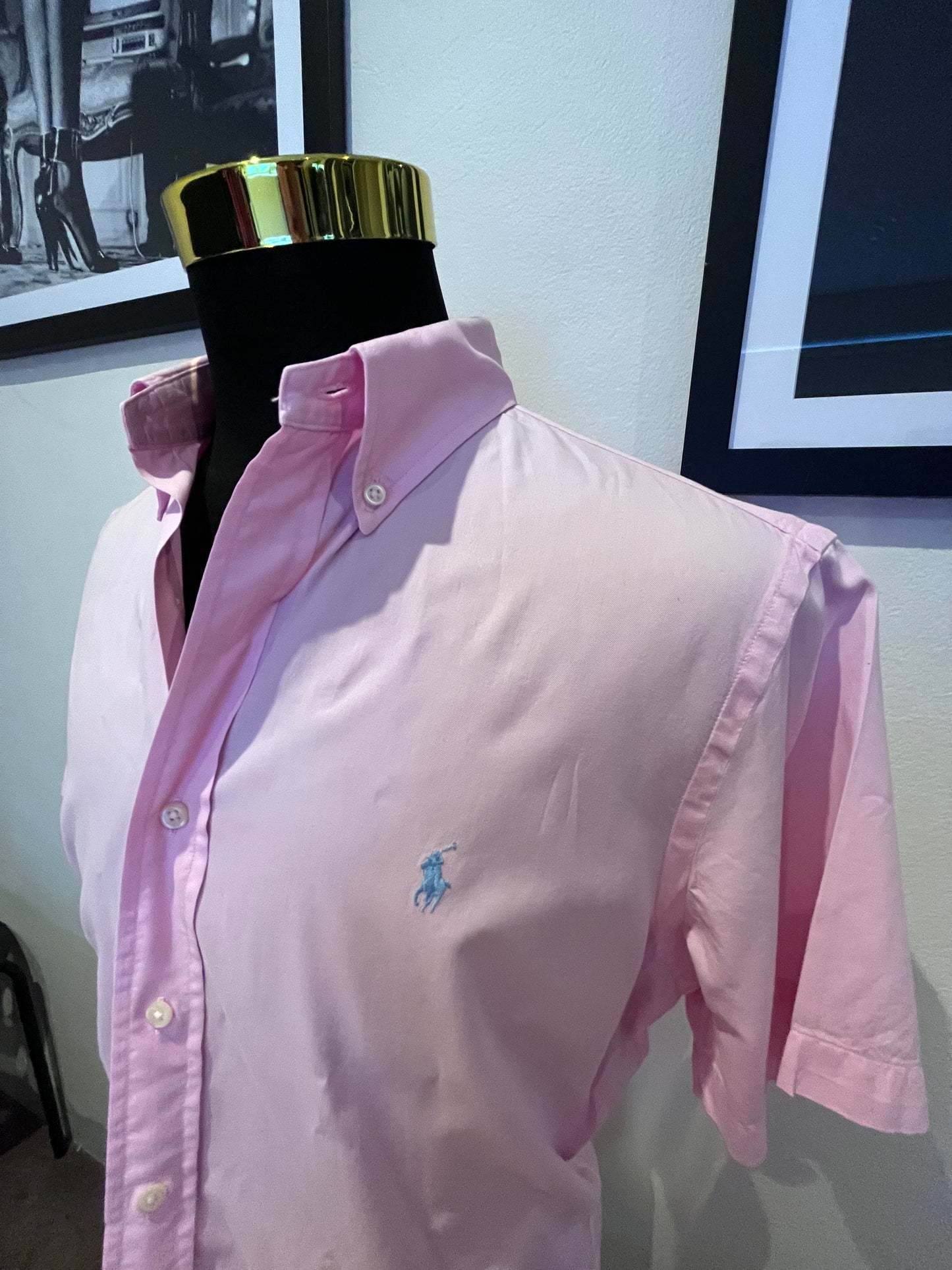 Ralph Lauren 100% Cotton Feather Weight Twill Pink Short Sleeve Shirt Size L