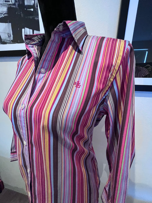 Ralph Lauren Women’s 100% Cotton Res Burgundy Stripe Shirt Slim Fit Size M