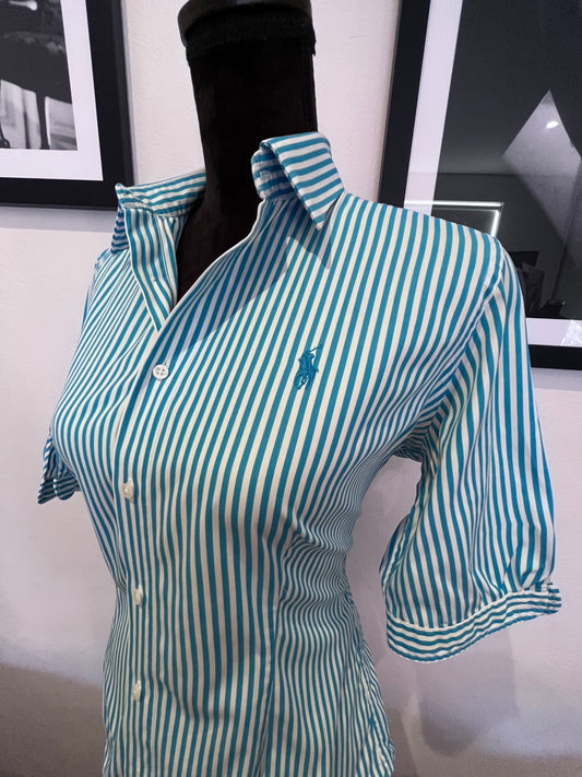 Ralph Lauren Women’s 100% Cotton Blue White Stripe Shirt Slim Fit Size 12