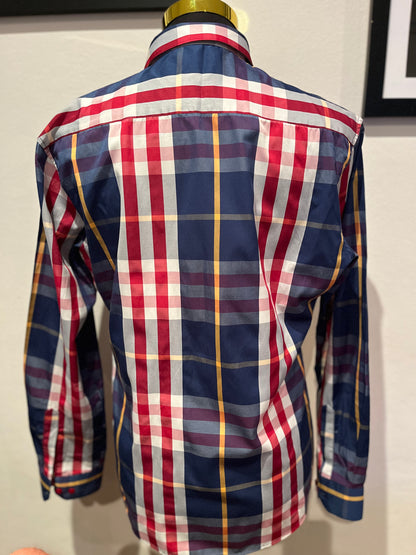 Burberry London 100% Cotton Red Blue Check Shirt Size XL Slim Fit Made in GB fits more like a Large