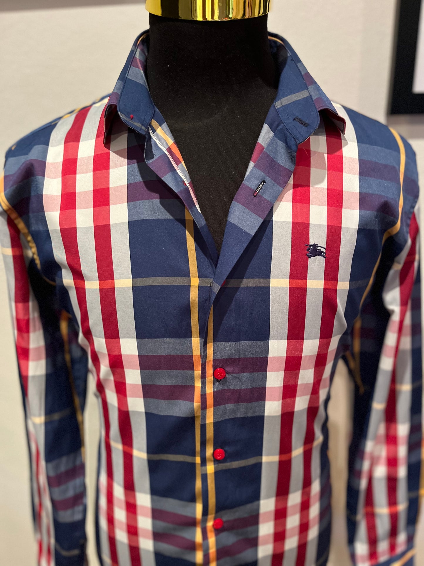 Burberry London 100% Cotton Red Blue Check Shirt Size XL Slim Fit Made in GB fits more like a Large