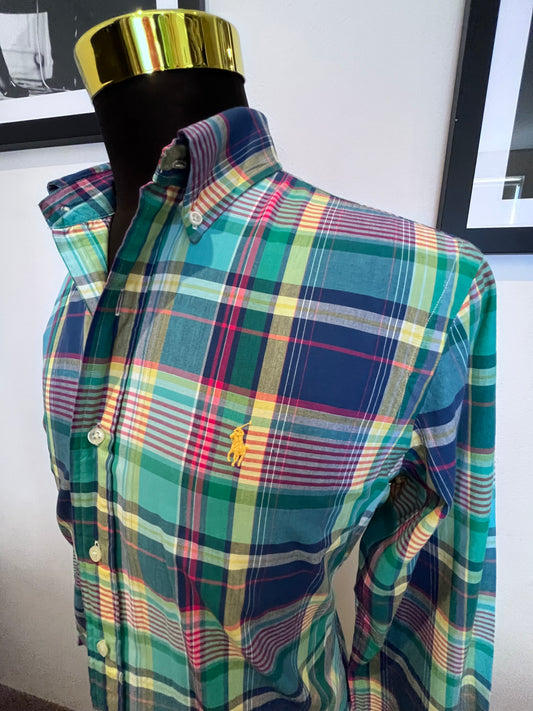 Ralph Lauren 100% Cotton Green Blue Check Shirt Size L Classic Fit Button Down Collar
