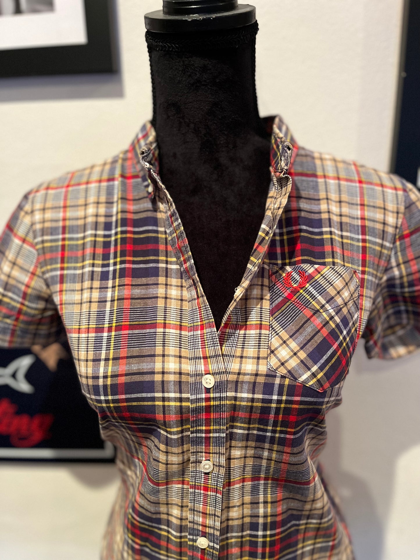 Fred Perry Women’s 100% Cotton Blue Red Check shirt Slim Fit Size UK8