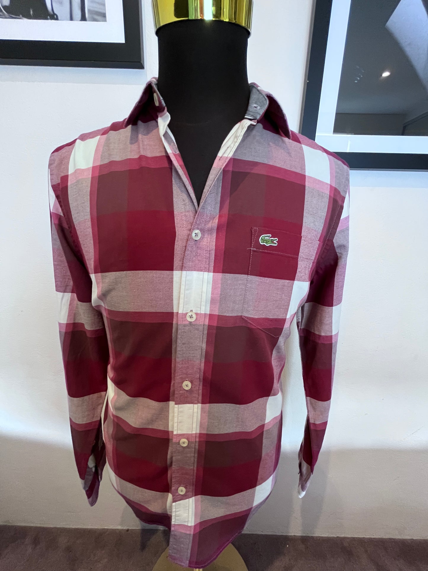 Lacoste 100% Cotton White Red Check Shirt Size M Regular Fit Button Down Collar