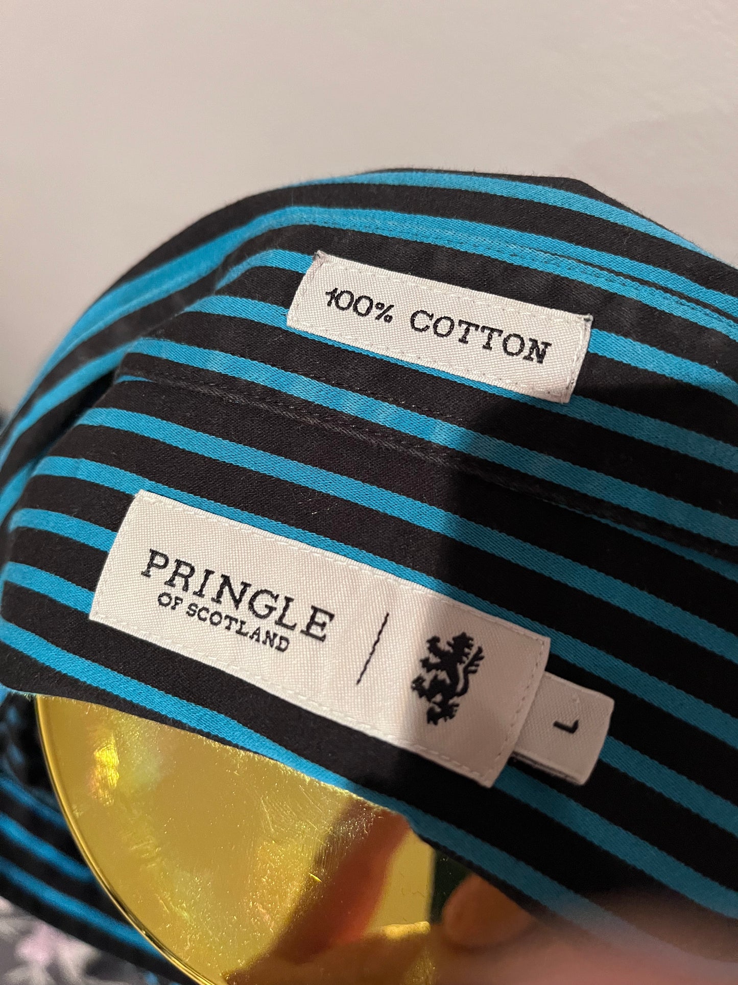 Pringle of Scotland 100% Blue Black Stripe Cotton Shirt Size Large Button Down Collar