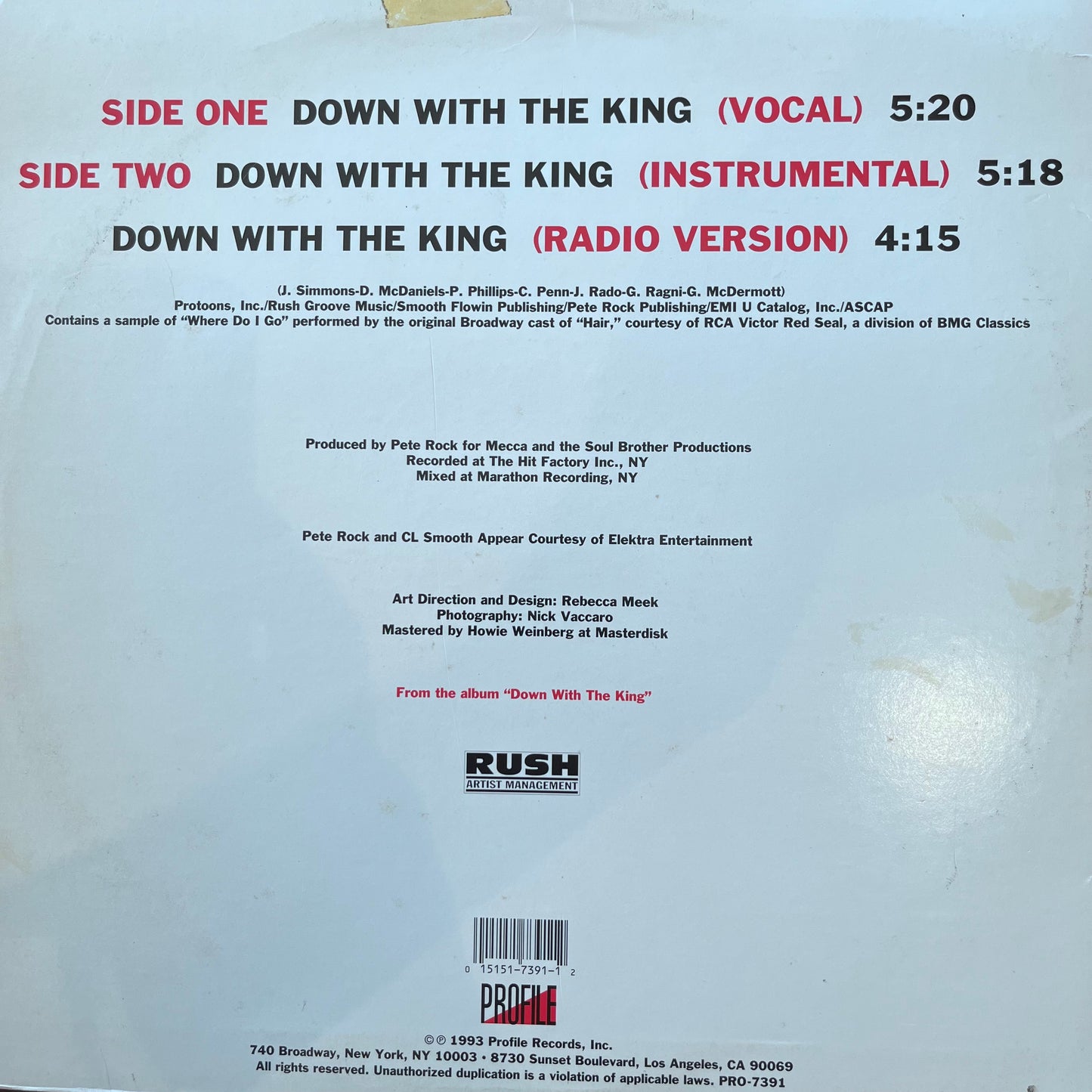 RUN DMC “Down With The King” 3 Version 12inch Vinyl Record on Profile Records