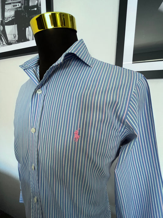 Ralph Lauren 100% Cotton Blue Pink Spread Collar Shirt Size S Classic Fit, Fits Small to Medium