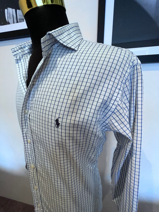 Ralph Lauren 100% Cotton White Blue Check Shirt Size Large Classic Fit
