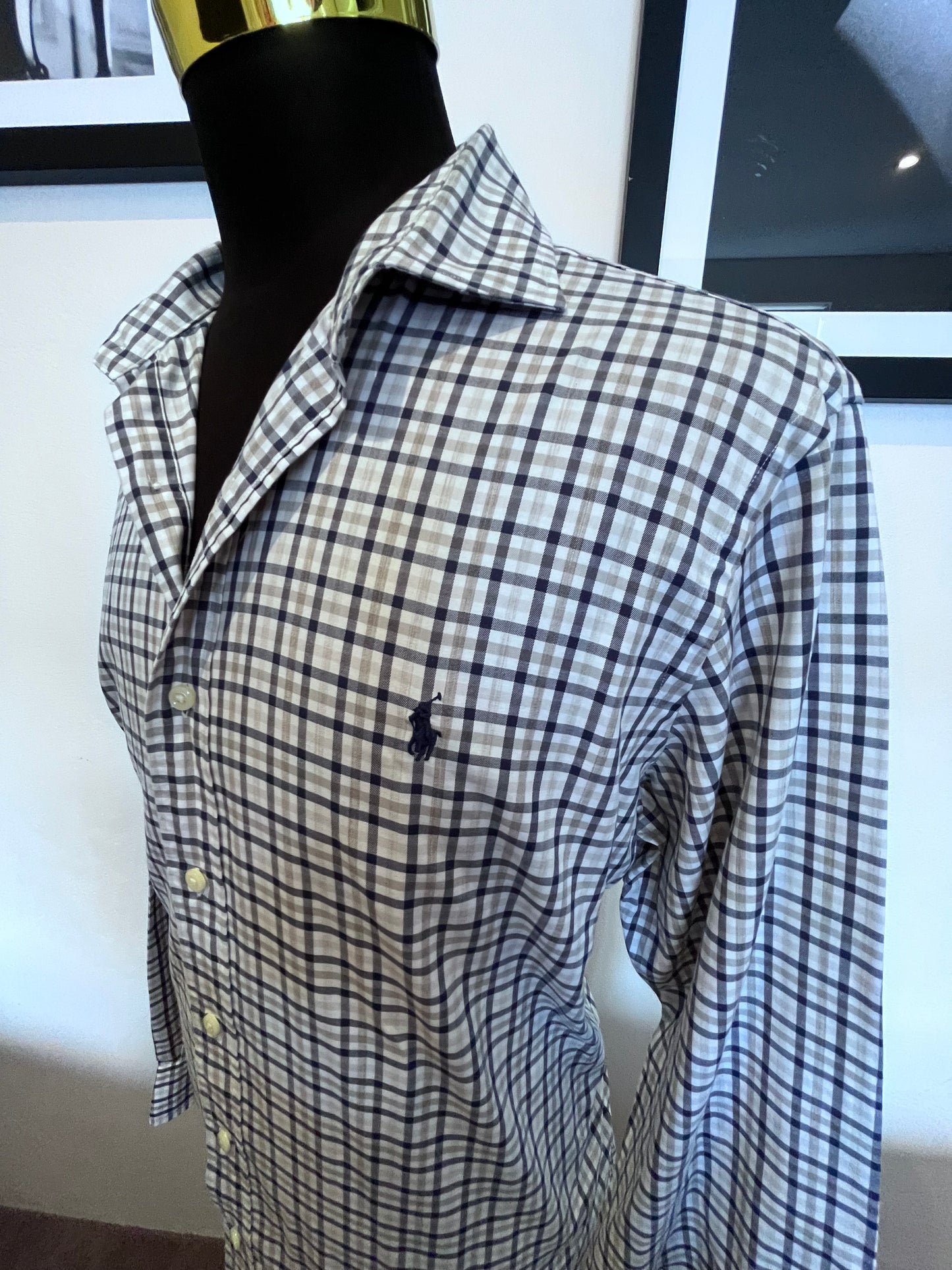 Ralph Lauren 100% Cotton White Blue Check Shirt Size Large Classic Fit Performance