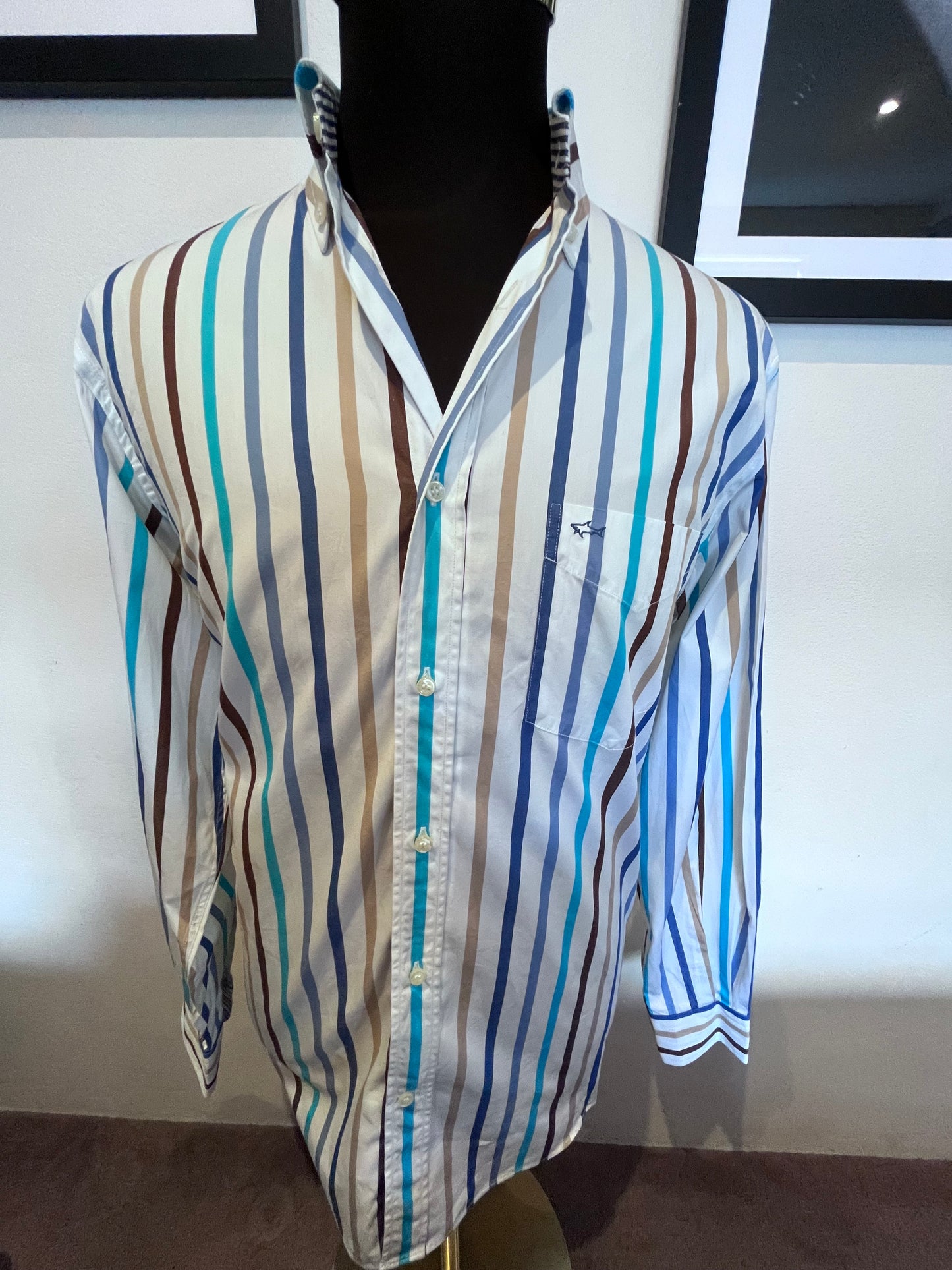 Paul & Shark 100% Cotton White Blue Striped Shirt Size Large Made In Italy Button Down Collar