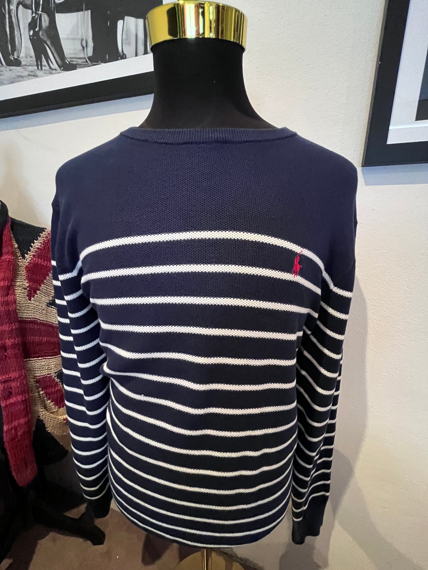Polo Ralph Lauren 100% Cotton Blue White Stripe Waffle Sweater Size XL