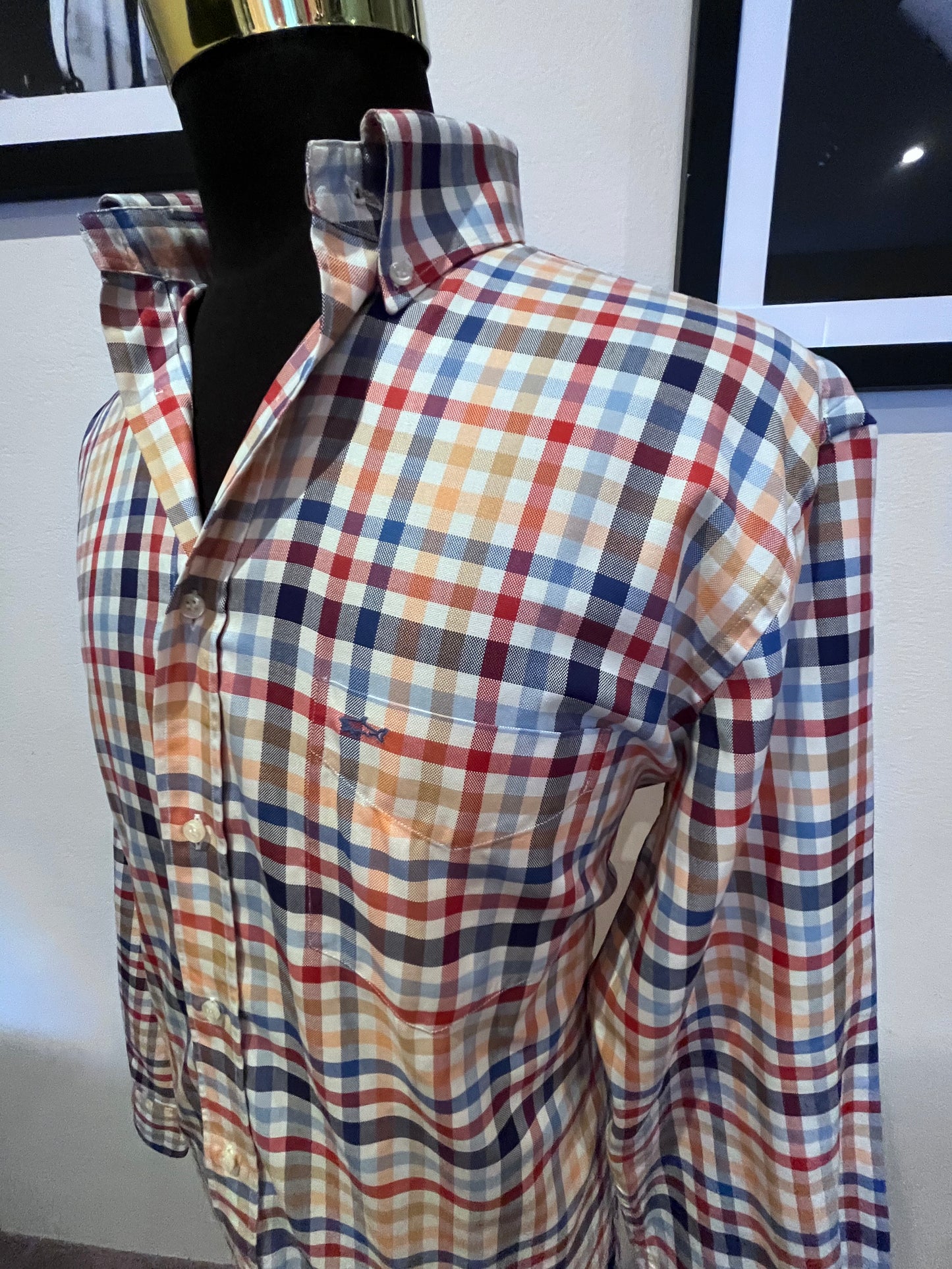 Paul & Shark 100% Cotton Red Blue Check Shirt Size 41 Large Made In Italy Classic Fit