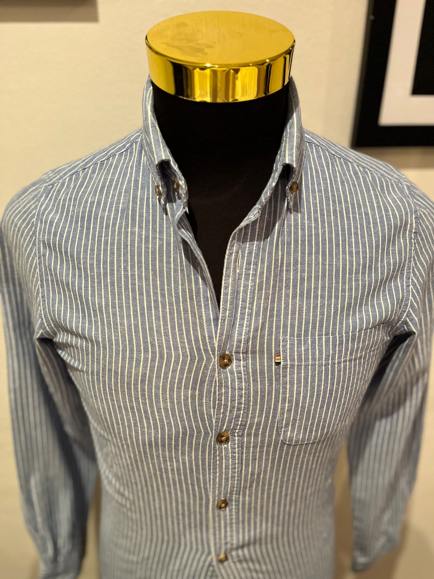 The Academy Brand 100% Cotton Blue White Stripe Shirt Size XS Slim Fit