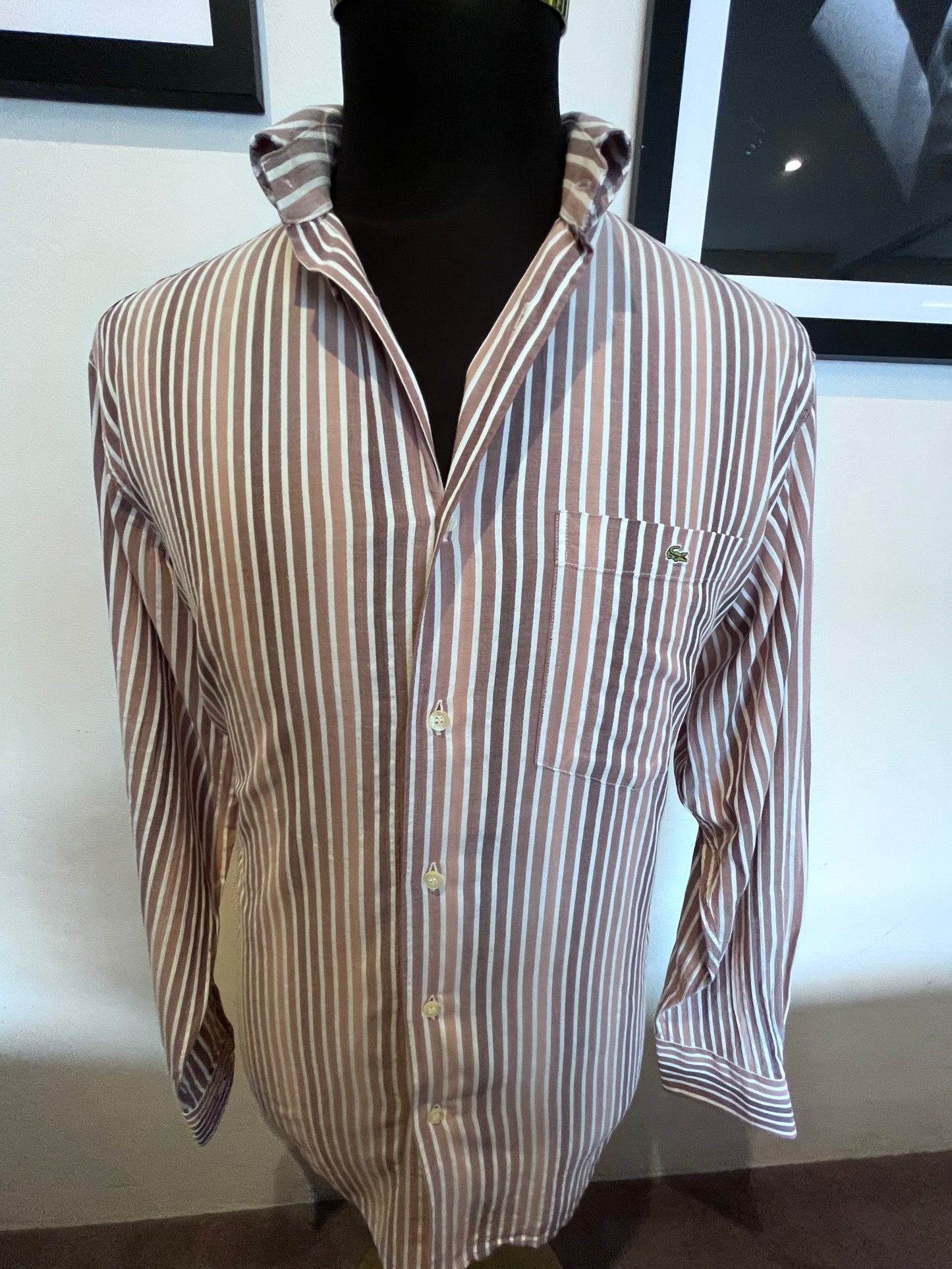 Lacoste 100% Cotton Brown White Stripe Shirt Size 42 Large Button Down Collar