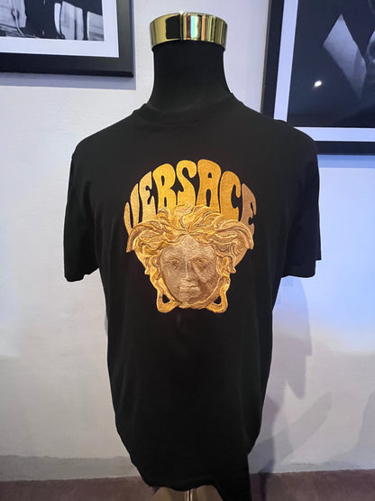 Versace 100% Cotton Black Tee Gold Embroidered Logo Size XL Made in Italy