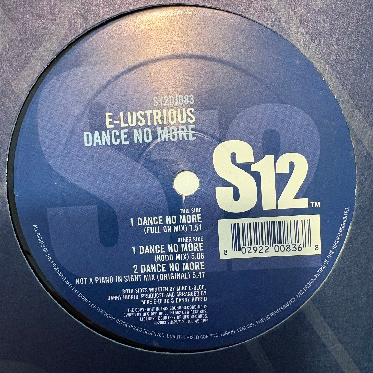 E-Lustrious “Dance No More” 3 version 12inch vinyl record