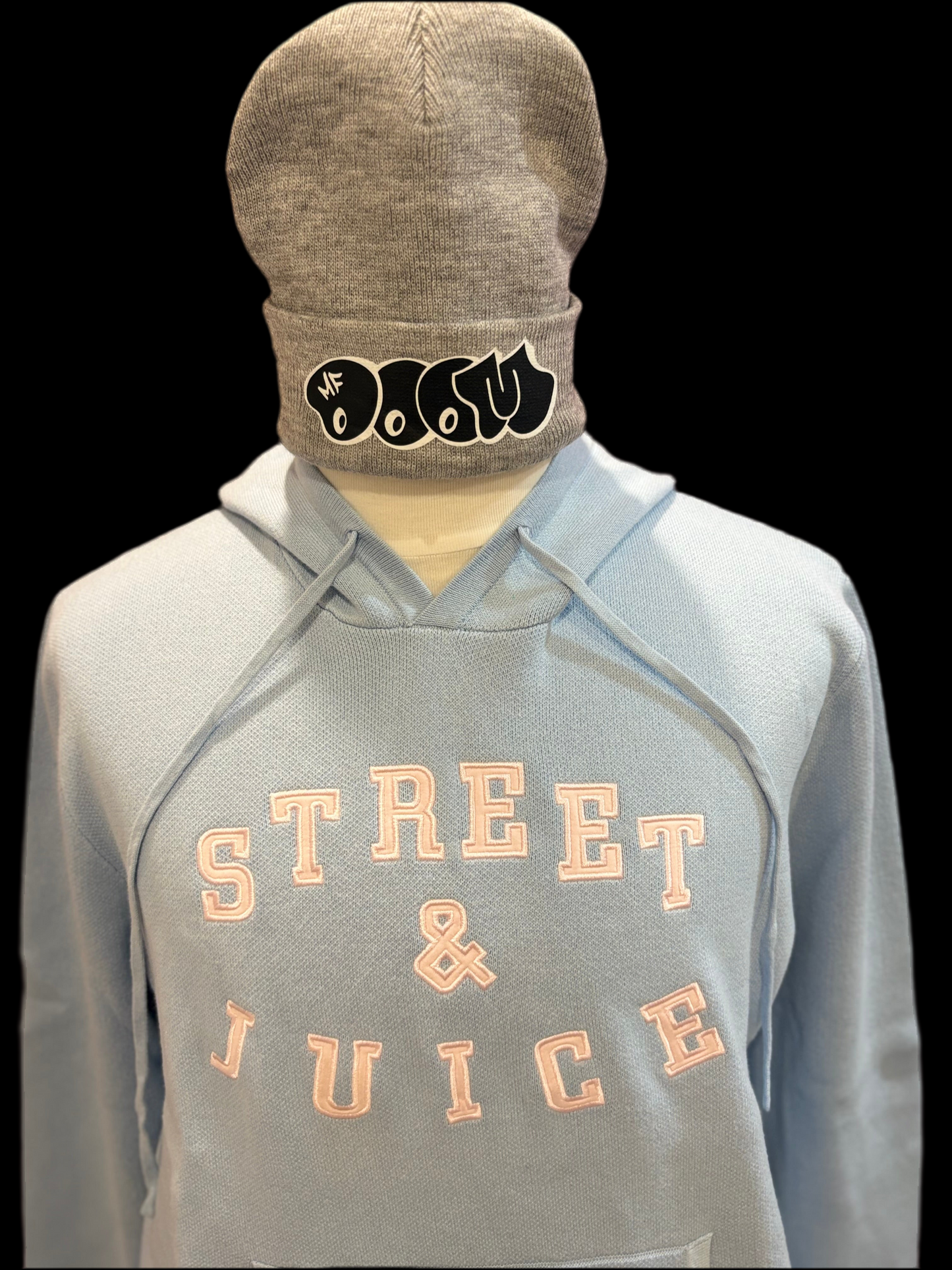 Street & Juice 100% Cotton Knit Pastel Blue Chest Logo Drawer String Hoodie
