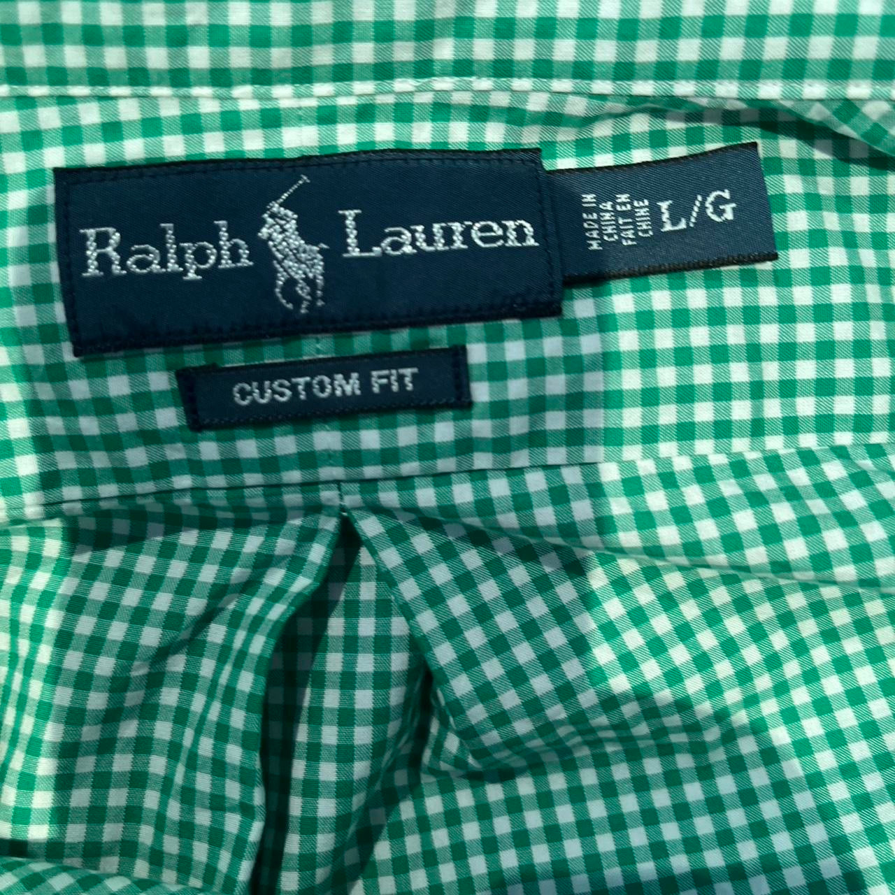 Ralph Lauren 100% Cotton Green Gingham check Shirt Size L Custom Fit Button Down Collar