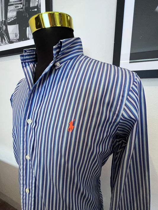 Ralph Lauren 100% Cotton Blue White Stripe Shirt Size M 15 Custom Fit