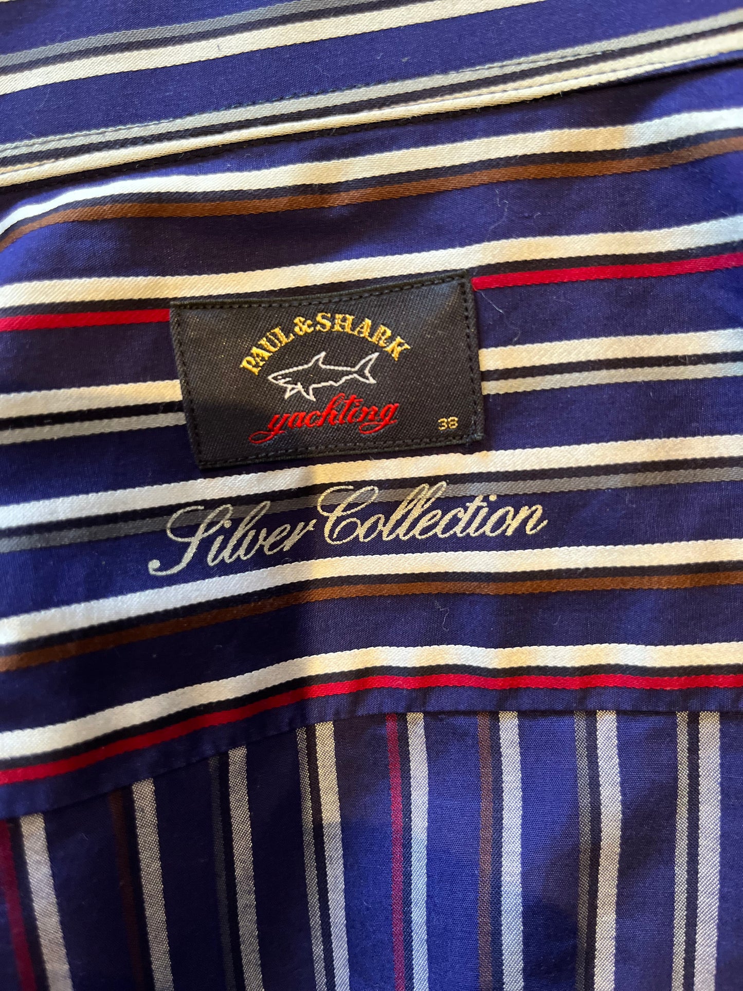 Paul & Shark 100% Cotton Blue Red Striped Shirt Size 38 Small Made in Italy Button Down Collar