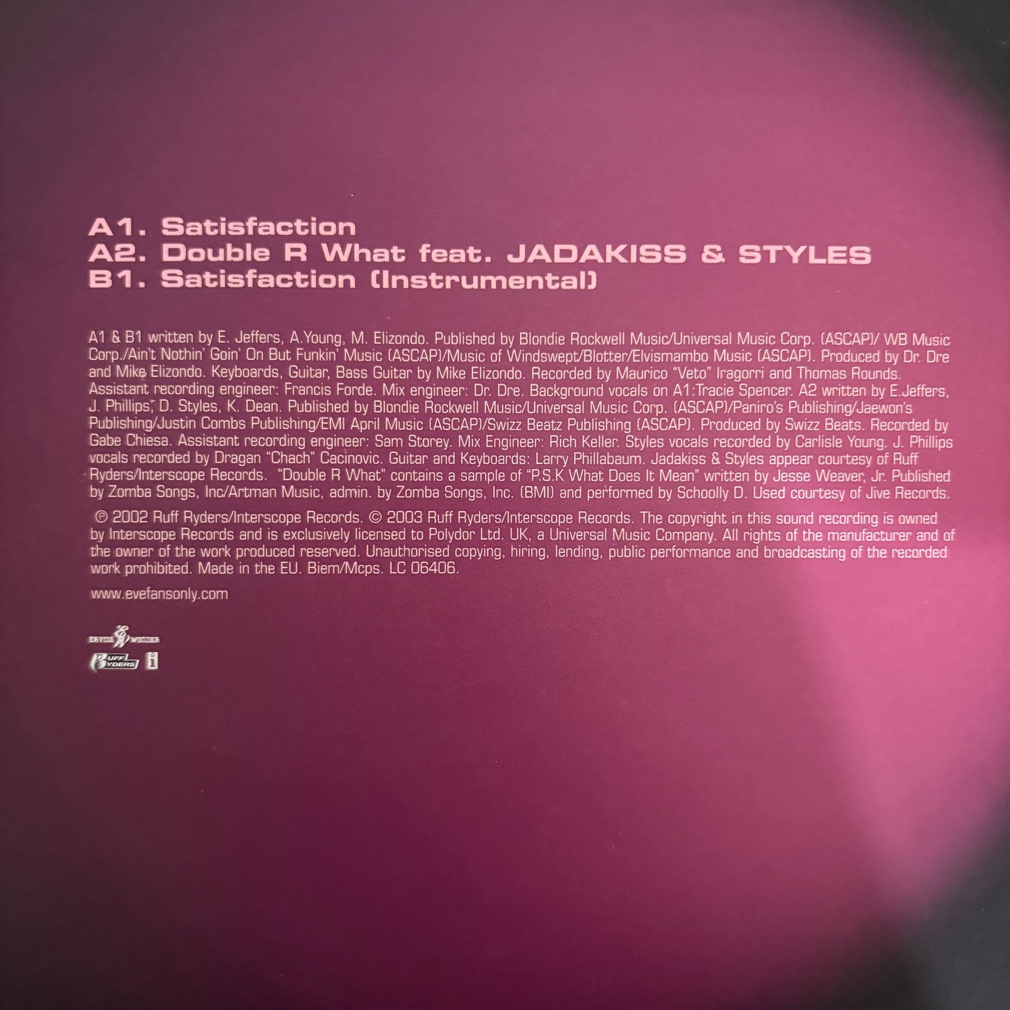 Eve “Satisfaction” 3 track 12inch vinyl record