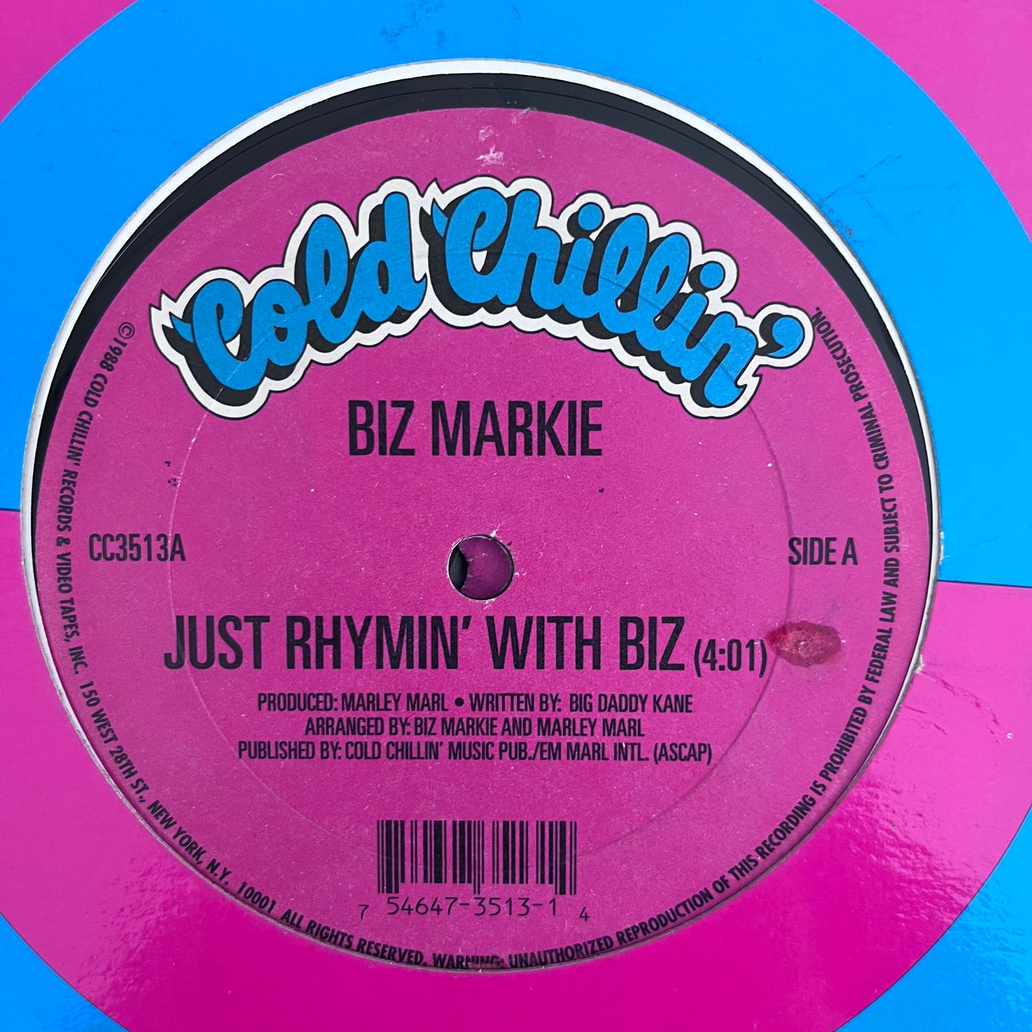 Biz Markie “Just Rhymin’ With Biz” 2 Track 12inch Vinyl Record on Cold Chillin Records