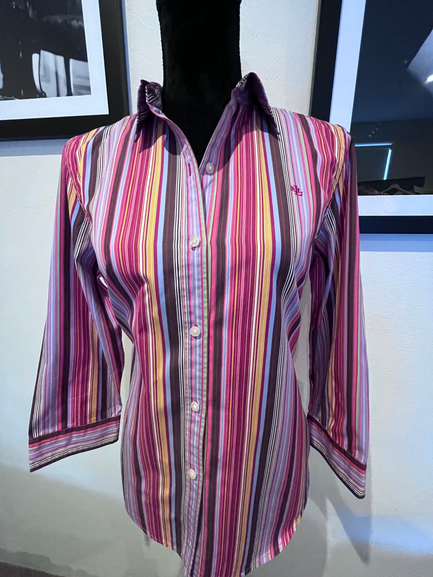 Ralph Lauren Women’s 100% Cotton Res Burgundy Stripe Shirt Slim Fit Size M