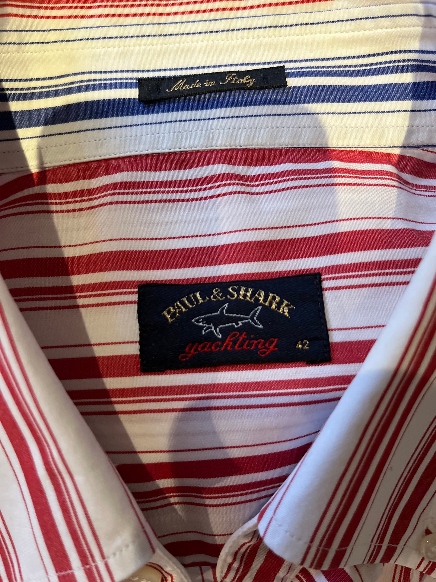 Paul & Shark 100% Cotton Red White Stripe Shirt Size 42 Large Made in Italy Button Down Collar