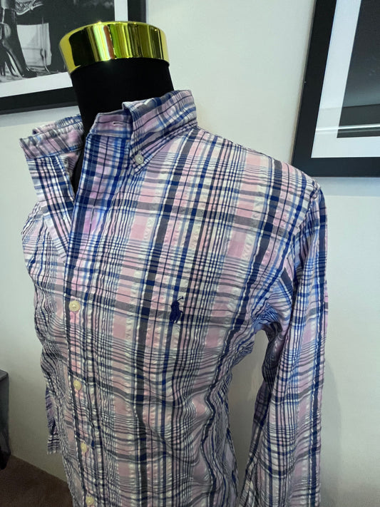 Ralph Lauren 100% Cotton Pink Blue Check Shirt Size L Classic Fit Button Down Collar