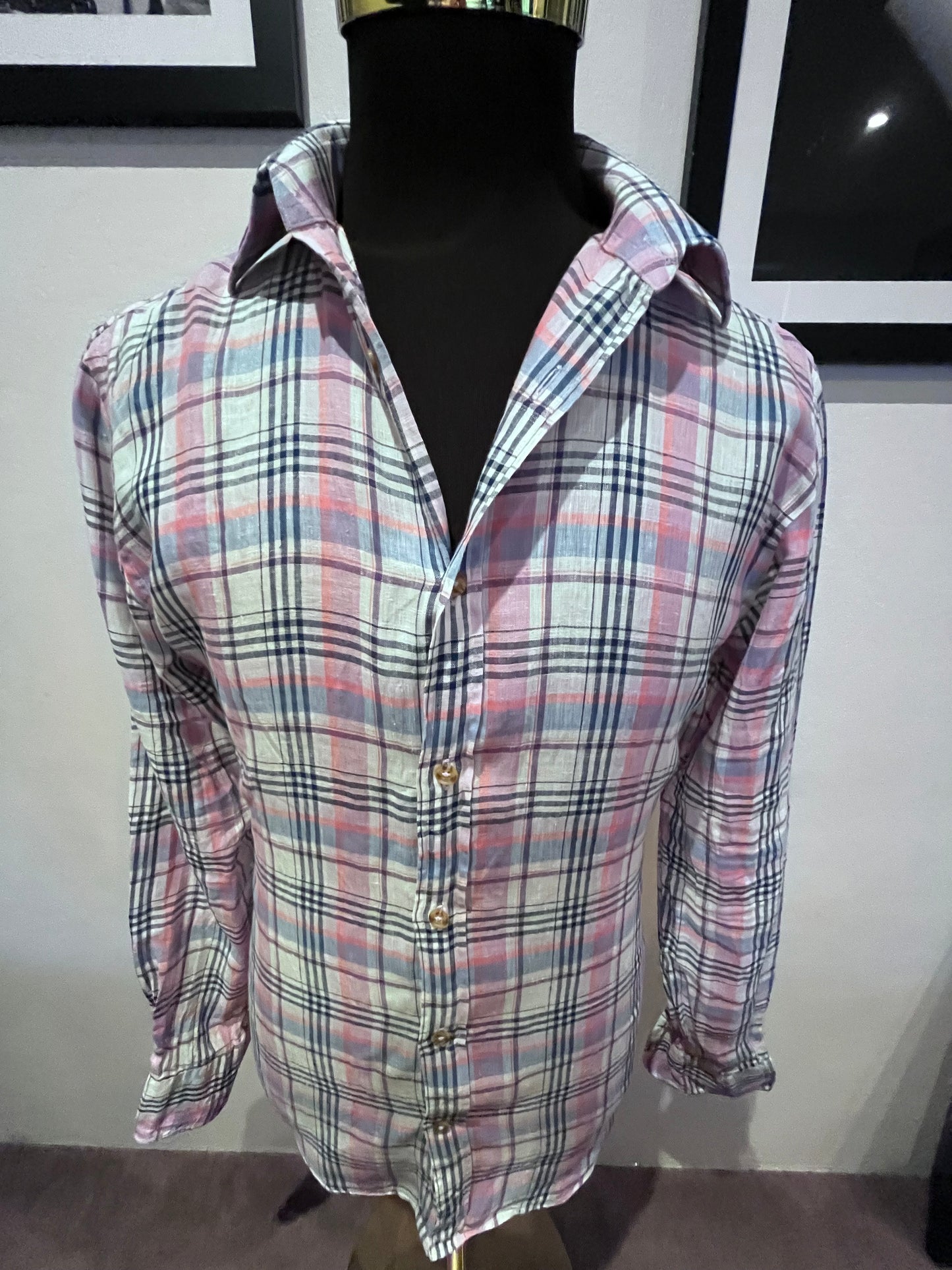 MJ Bale 100% Linen Pink White Check Shirt Cuban Fit