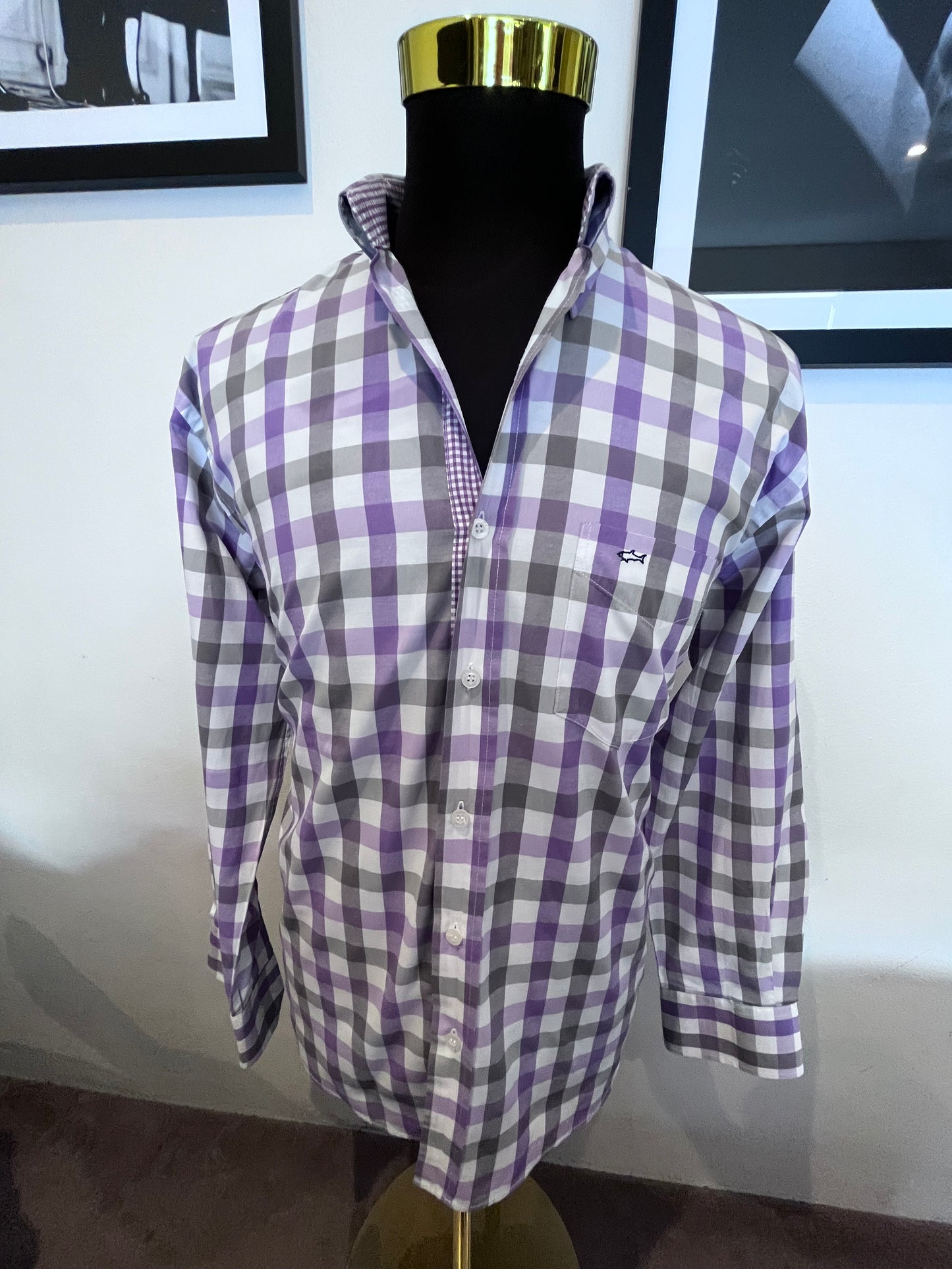 Paul & Shark 100% Cotton Purple White Check Shirt Size Large Made in Italy