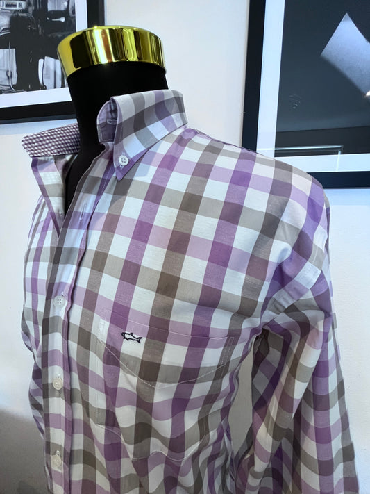 Paul & Shark 100% Cotton Purple White Check Shirt Size Large Made in Italy
